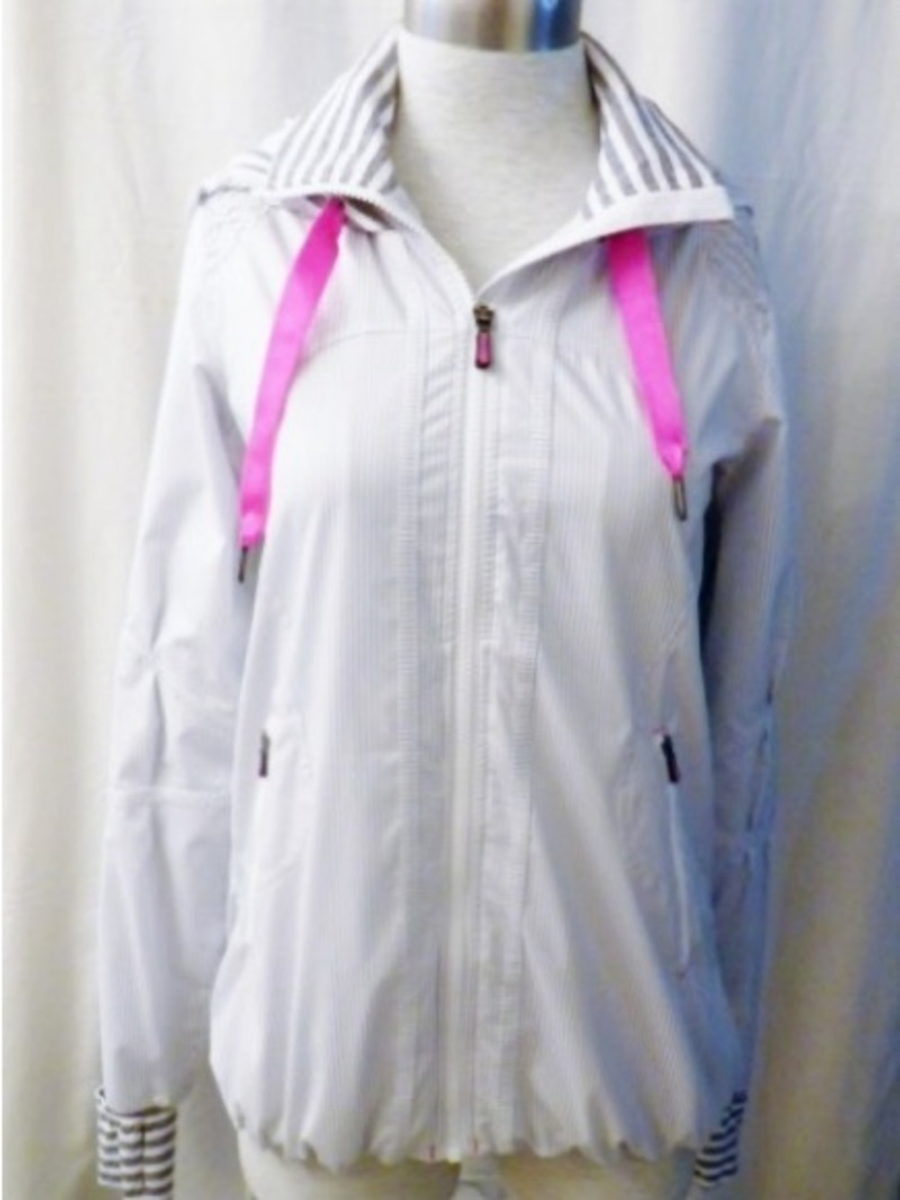 Lululemon Light Gray & White pinstripe hooded Jacket with Pink Drawstrings